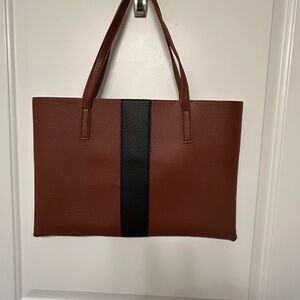 Vince Camuto Brown Leather Tote with Black Center Stripe
